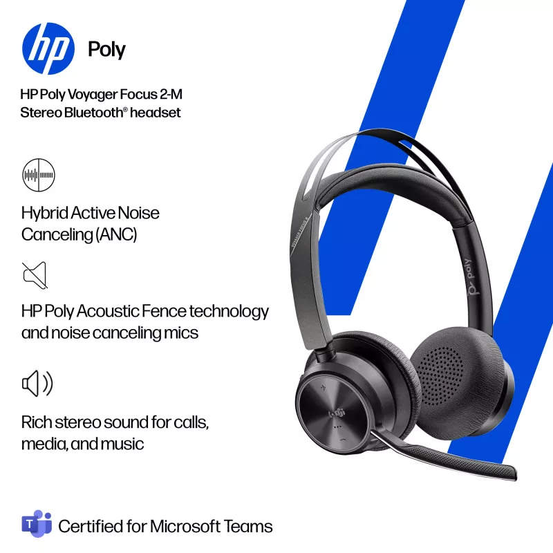 Headset HP Poly Voyager Focus 2-M USB-C-C Adaptador USB-C/A Poly+ 3 anos
