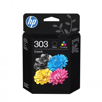 HP 303 pack de 2 Preto/Tricolor Tinteiros originais, rendimento padrão, Preto, Ciano, Magenta, Amarelo, tinta pigmentada, tinta corante, 4 ml, 4 ml