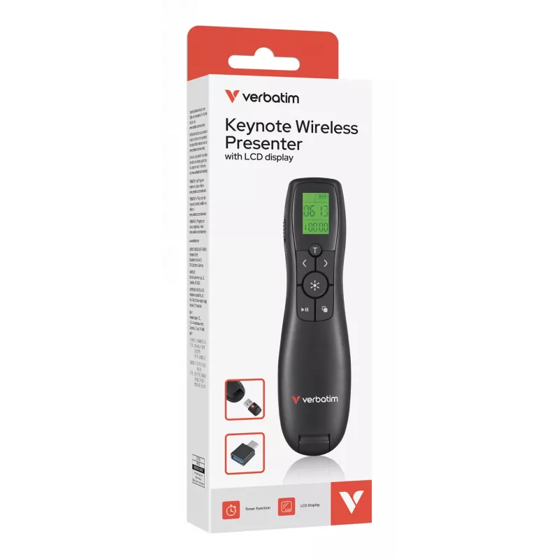 Apresentador sem fios Verbatim Keynote com visor LCD, RF, USB, 30 m, Preto
