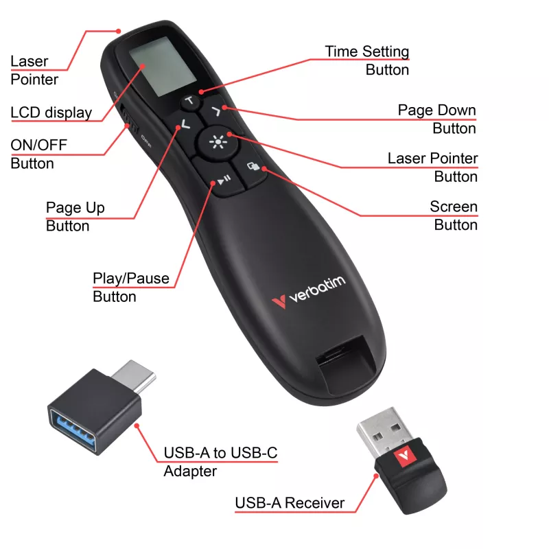 Apresentador sem fios Verbatim Keynote com visor LCD, RF, USB, 30 m, Preto