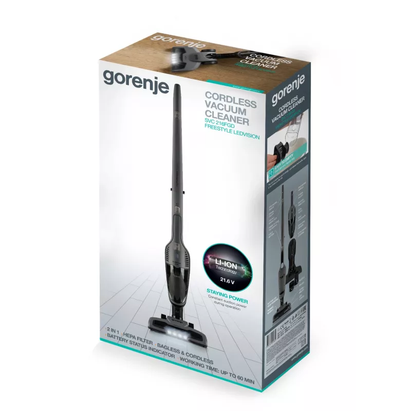 Aspirador vertical 2 em 1 Gorenje SVC216FGD bateria seco HEPA preto