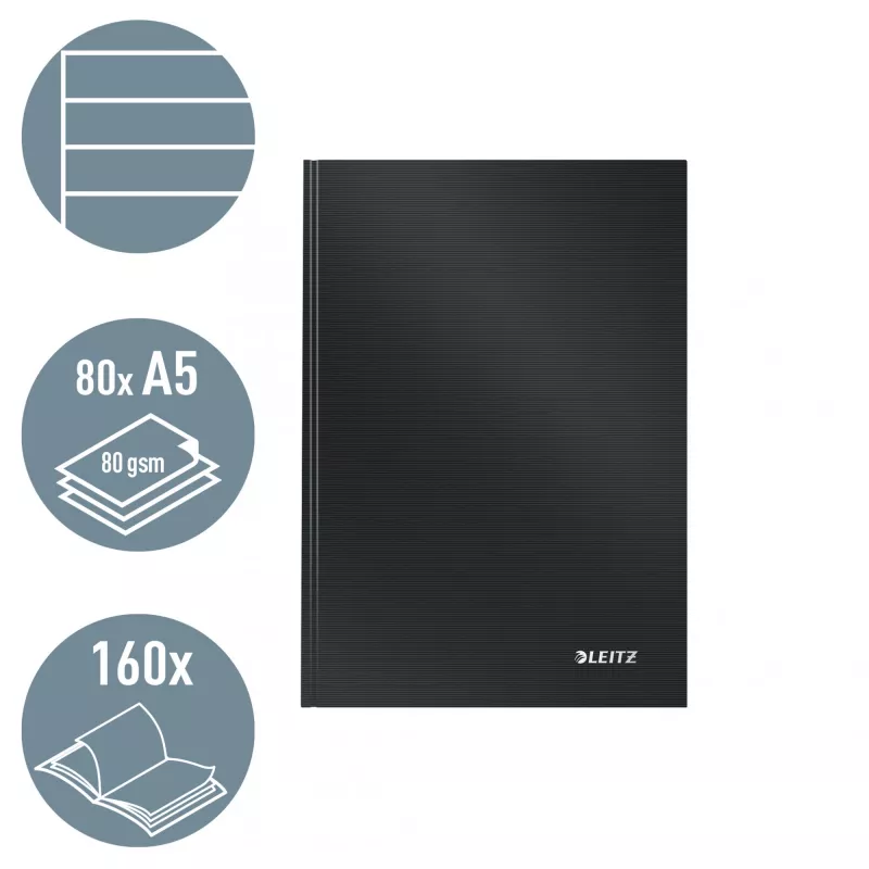 Caderno Leitz Solid capa dura A5 pautado 90 g 80 folhas, monocromático, preto, A5, 80 folhas, brilhante, 80 g/m²