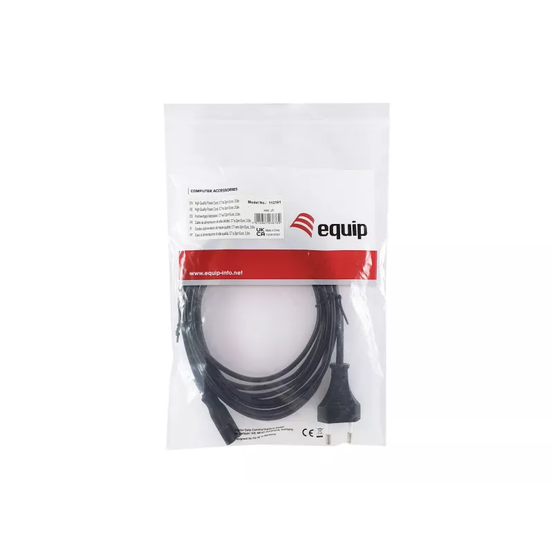 Cabo de alimentação de alta qualidade Equip, C7 para euro de 2 polos, 3,0 m, 3 m, 2 polos, conector fêmea C7, H03VVH2-F, 250 V, 2,5 A