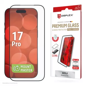Proteção de ecrã e.v.i. Displex iPhone 17 Pro Premium com auxiliar de montagem – resistente a riscos, transparente/preto