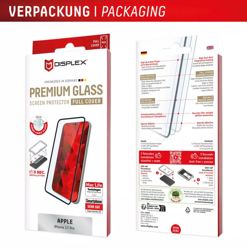 Proteção de ecrã e.v.i. Displex iPhone 17 Pro Premium com auxiliar de montagem – resistente a riscos, transparente/preto