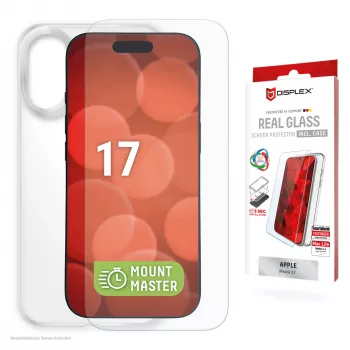 Proteção de ecrã e capa e.v.i. Displex para Apple iPhone 17, vidro temperado, transparente, aplicação a seco, resistente a riscos