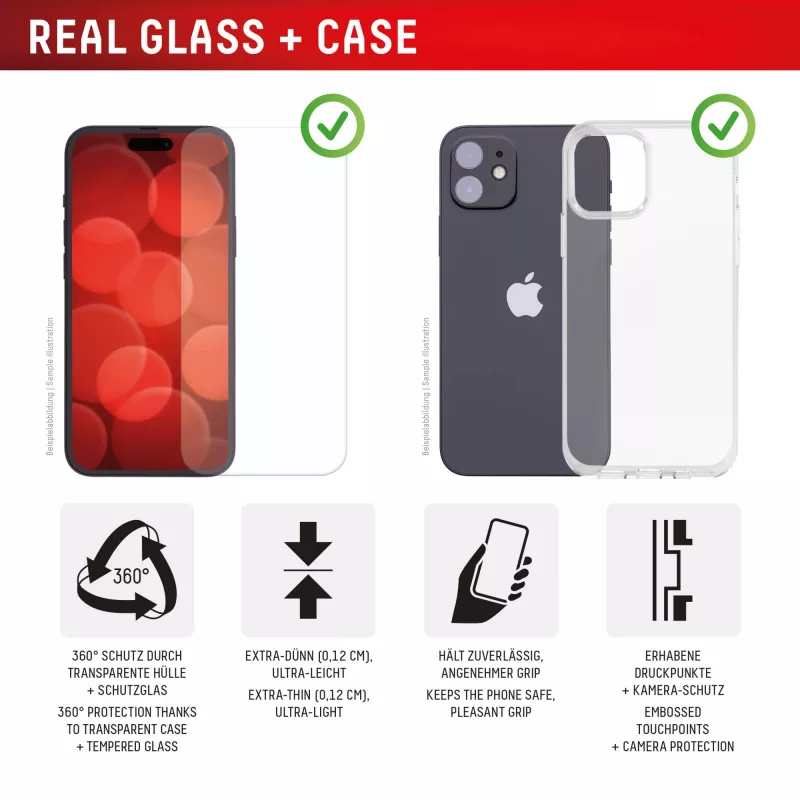 Película de proteção de ecrã e capa para Apple iPhone 17 Pro Max da e.v.i. — Vidro temperado, transparente, resistente a riscos e choques