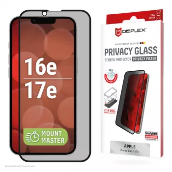 Proteção de ecrã em vidro temperado com privacidade e.v.i. Displex (10H) para Apple iPhone 16e/17e com filtro de privacidade, resistente a choques e riscos
