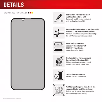 Proteção de ecrã em vidro temperado com privacidade e.v.i. Displex (10H) para Apple iPhone 16e/17e com filtro de privacidade, resistente a choques e riscos