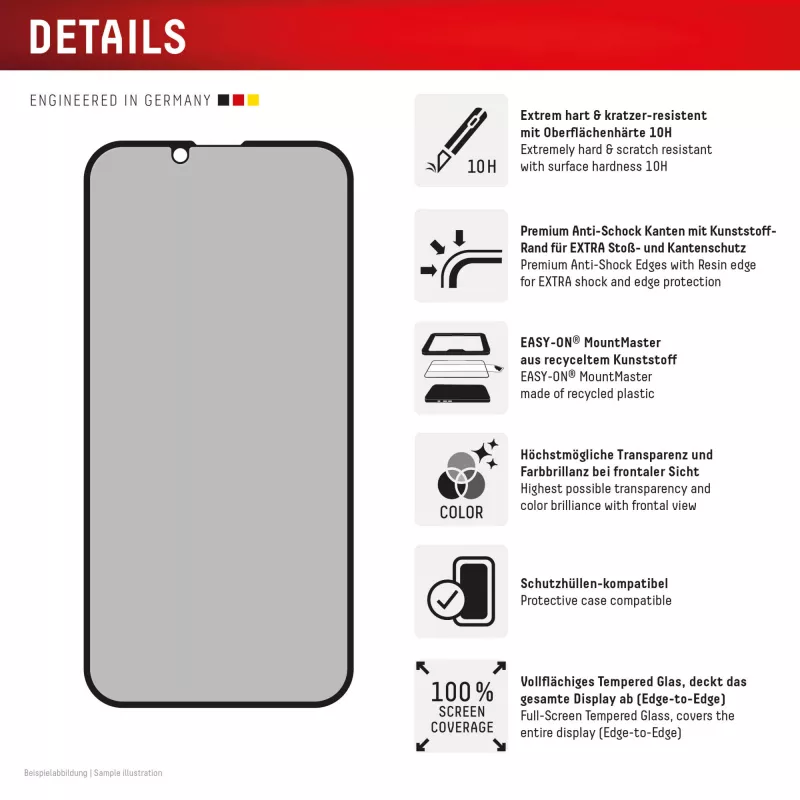 Proteção de ecrã em vidro temperado com privacidade e.v.i. Displex (10H) para Apple iPhone 16e/17e com filtro de privacidade, resistente a choques e riscos