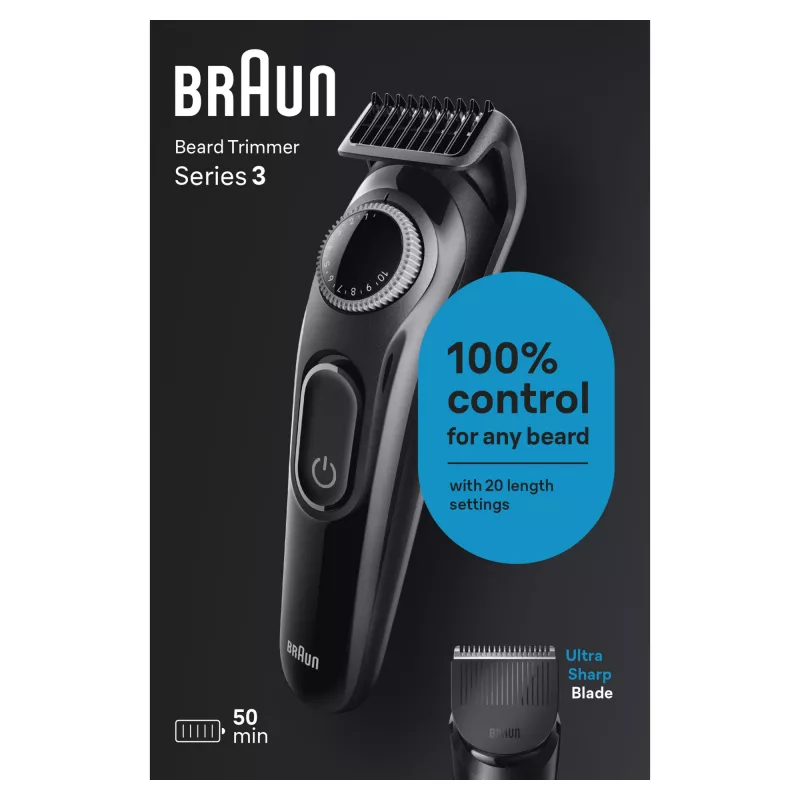 Braun BeardTrimmer 3 Beard Trm 3 BT3400, lavável, pilha, preto