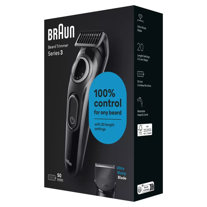Braun BeardTrimmer 3 Beard Trm 3 BT3400, lavável, pilha, preto