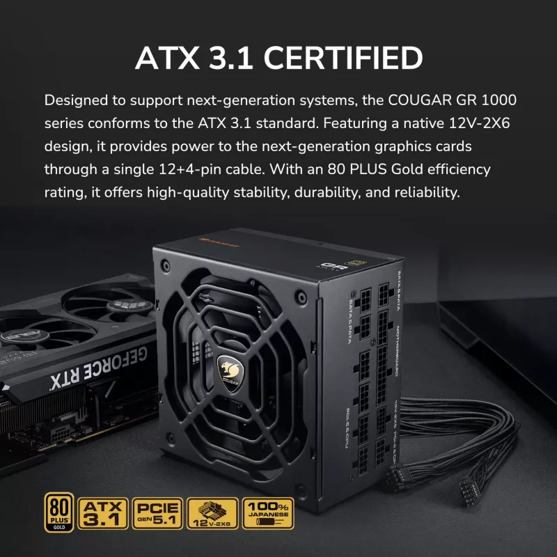 Fonte de alimentação COUGAR GR 1000W ATX3.1 PCIE 5.1 80 PLUS Gold, 1000 W, 20+4 Pin ATX, ventoinha de 120 mm