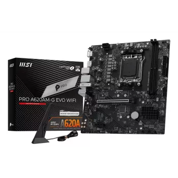 Motherboard MSI Pro A620AM-G EVO WIFI — Chipset AMD A620A, Socket AM5, micro ATX, DDR5, 2 slots de memória, Wi‑Fi 6E, 2,5Gb Ethernet