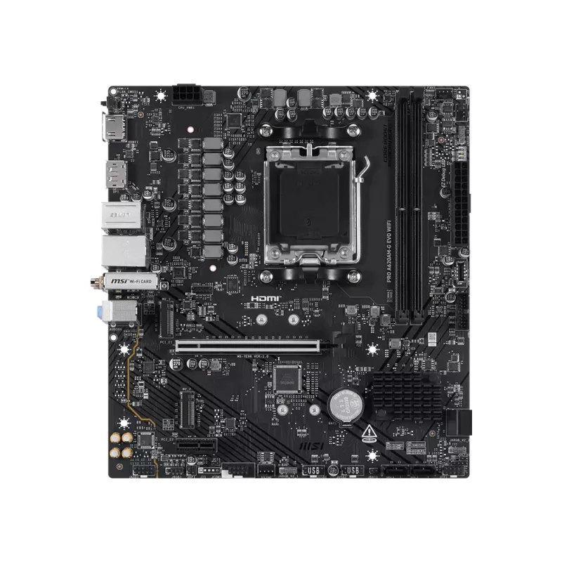 Motherboard MSI Pro A620AM-G EVO WIFI — Chipset AMD A620A, Socket AM5, micro ATX, DDR5, 2 slots de memória, Wi‑Fi 6E, 2,5Gb Ethernet