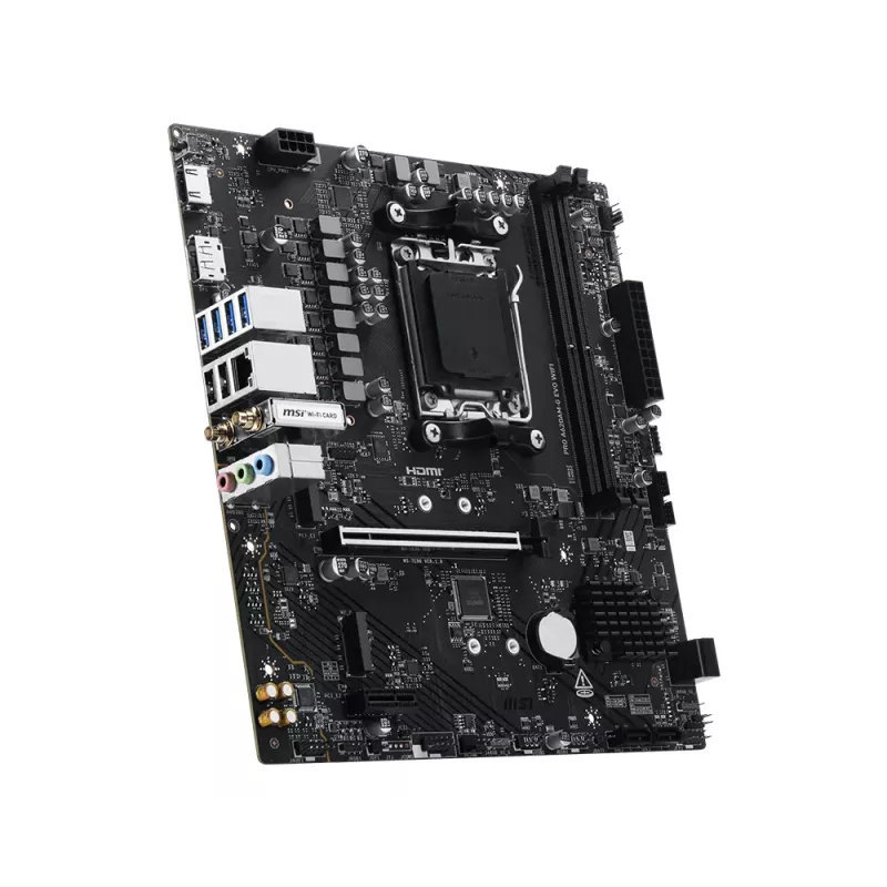 Motherboard MSI Pro A620AM-G EVO WIFI — Chipset AMD A620A, Socket AM5, micro ATX, DDR5, 2 slots de memória, Wi‑Fi 6E, 2,5Gb Ethernet
