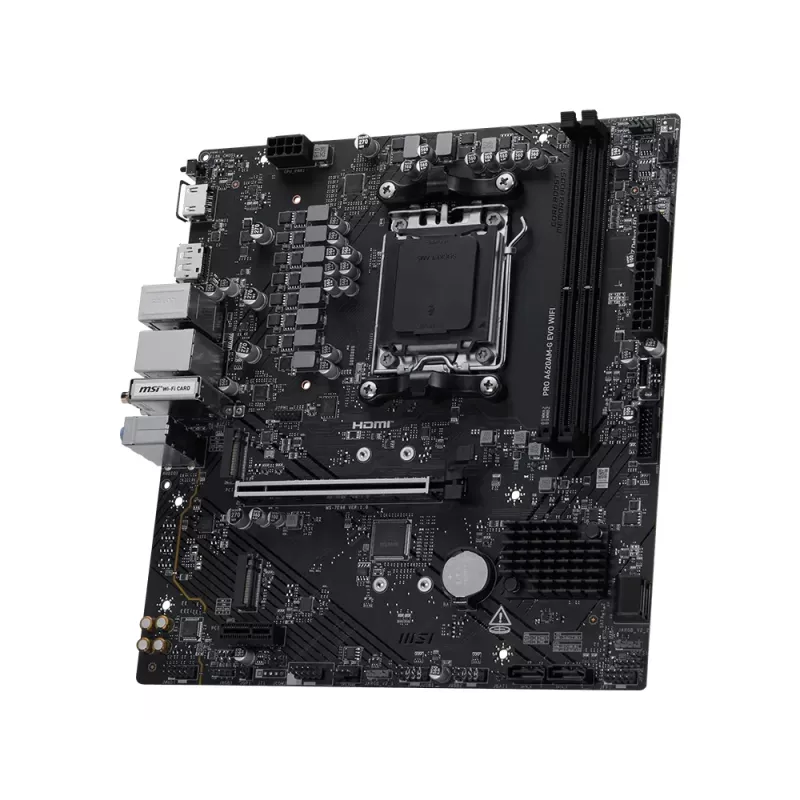 Motherboard MSI Pro A620AM-G EVO WIFI — Chipset AMD A620A, Socket AM5, micro ATX, DDR5, 2 slots de memória, Wi‑Fi 6E, 2,5Gb Ethernet