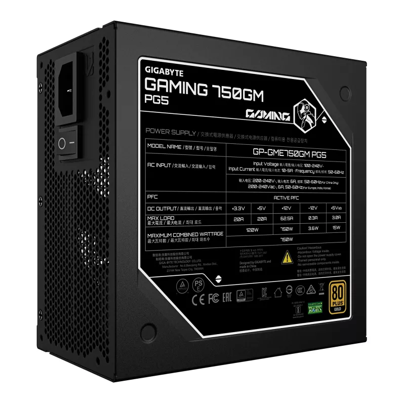 GIGABYTE GAMING 750GM PG5 Fonte de alimentação - PCIe 5.1, 80 PLUS Gold, estrutura totalmente modular, ventoinha de 135 mm, compatível com ATX 3.1, ficha EU