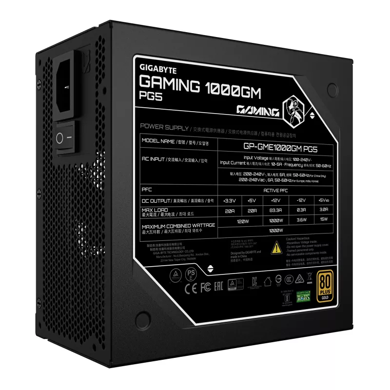GIGABYTE GAMING 1000GM PG5 Fonte de alimentação - PCIe 5.1, 80 PLUS Gold, estrutura totalmente modular, ventoinha de 135 mm, compatível com ATX 3.1, ficha EU