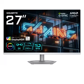 GIGABYTE MO27Q2A ICE Monitor gaming QD‑OLED 27 inch — 2560×1440, 280 Hz, 0,03 ms, 250 cd/m², HDMI 2.1, DisplayPort 1.4