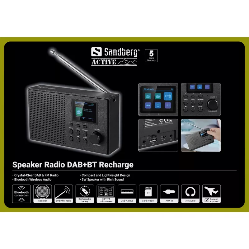 Sandberg Altifalante Rádio DAB+BT Recarregável, Portátil, Analógico e Digital, DAB+, FM, 87,5 - 108 MHz, 174 - 240 MHz, 3 W
