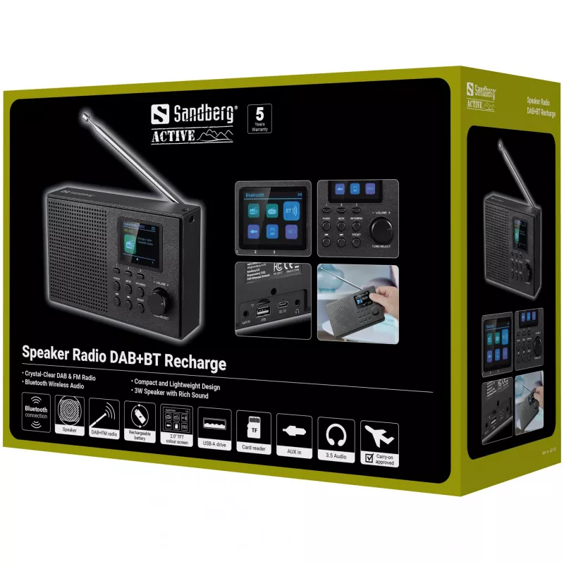 Sandberg Altifalante Rádio DAB+BT Recarregável, Portátil, Analógico e Digital, DAB+, FM, 87,5 - 108 MHz, 174 - 240 MHz, 3 W