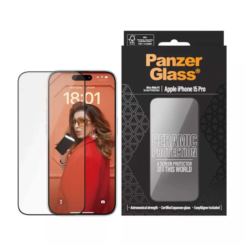PanzerGlass ® Protetor de ecrã Ceramic iPhone 15 Pro | Ultra-Wide Fit com EasyAligner