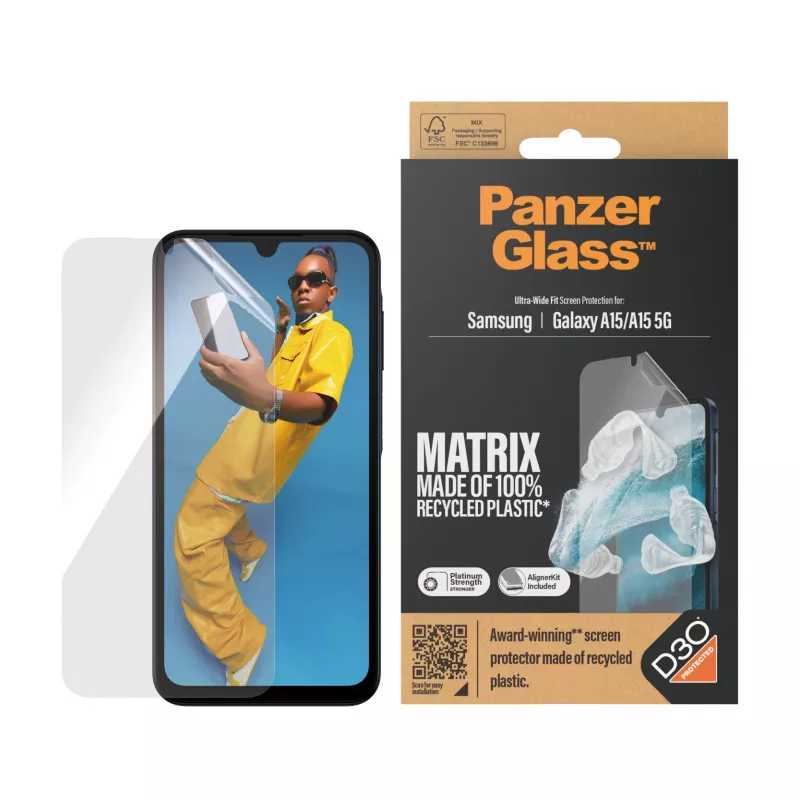 PanzerGlass ® ECO MATRIX Protetor de ecrã com D3O® Samsung Galaxy A15 | A15 5G | Ultra-Wide Fit com AlignerKit