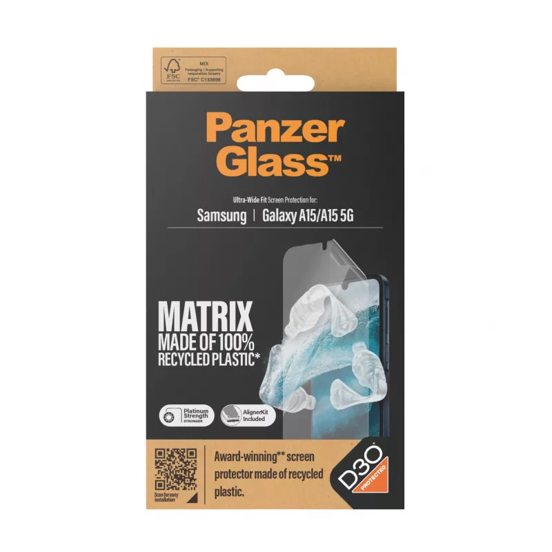 PanzerGlass ® ECO MATRIX Protetor de ecrã com D3O® Samsung Galaxy A15 | A15 5G | Ultra-Wide Fit com AlignerKit