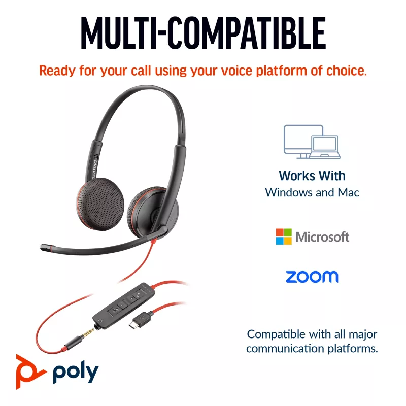 HP Poly Blackwire 3225 Headset estéreo USB-C + jack de 3,5 mm + adaptador USB-C/A (a granel)