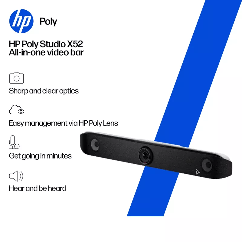 HP Poly Studio X52 Barra de vídeo tudo-em-um, sistema de videoconferência em grupo, 4K Ultra HD, 30 fps, 95°, 5x, Android