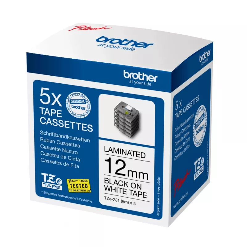 Fita de etiquetas Brother TZE-231M5 preto sobre branco 1,2 cm x 8 m