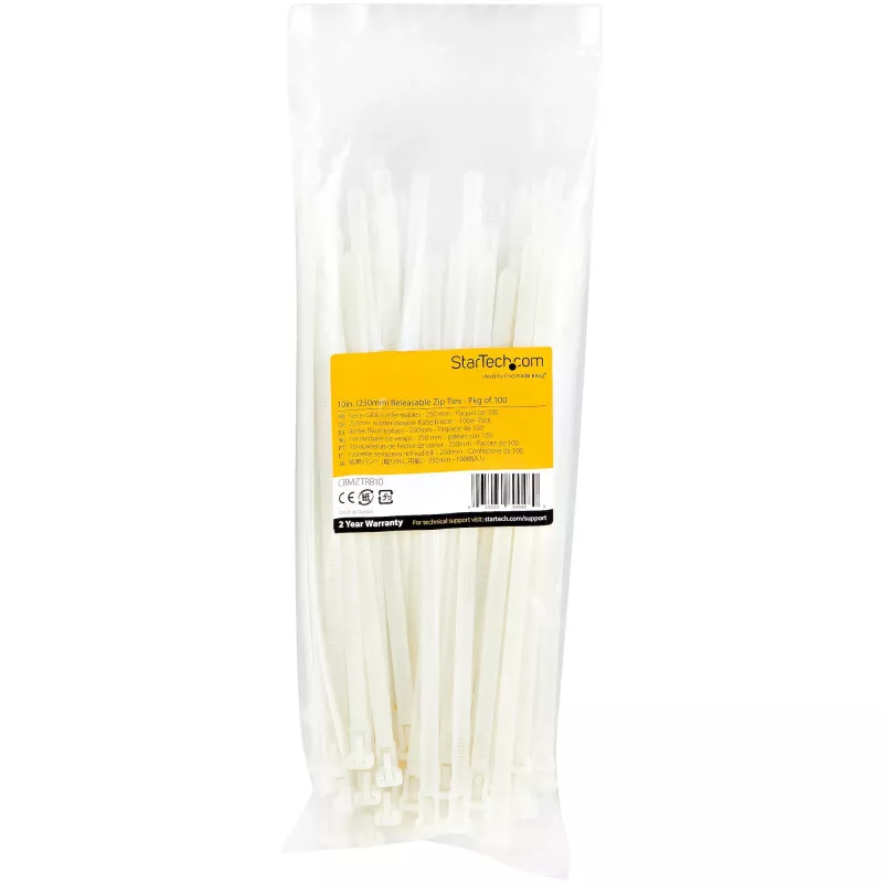 StarTech.com abraçadeiras de cabos reutilizáveis de 25 cm – 7 mm de largura, 65 mm de diâmetro de feixe, 22 kg de resistência à tração, abraçadeiras de nylon reutilizáveis, interior/exterior, 94V-2/UL listado, pack de 100 – branco