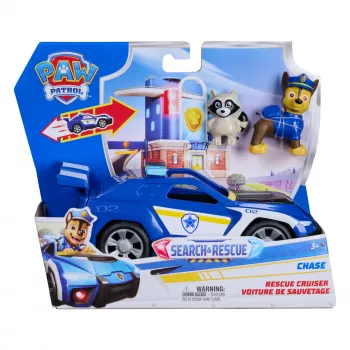 PAW Patrol : Search & Rescue, veículo Chase Rescue Cruiser com 2 figuras, carro de polícia de brincar com mecanismo de recuo, brinquedo para rapazes e raparigas a partir dos 3 anos