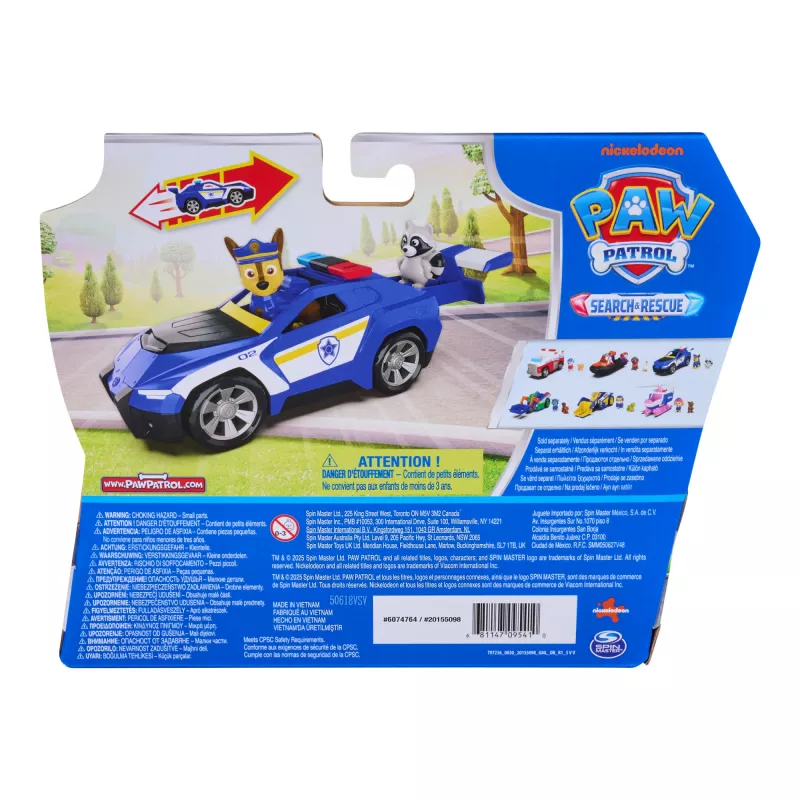 PAW Patrol : Search & Rescue, veículo Chase Rescue Cruiser com 2 figuras, carro de polícia de brincar com mecanismo de recuo, brinquedo para rapazes e raparigas a partir dos 3 anos