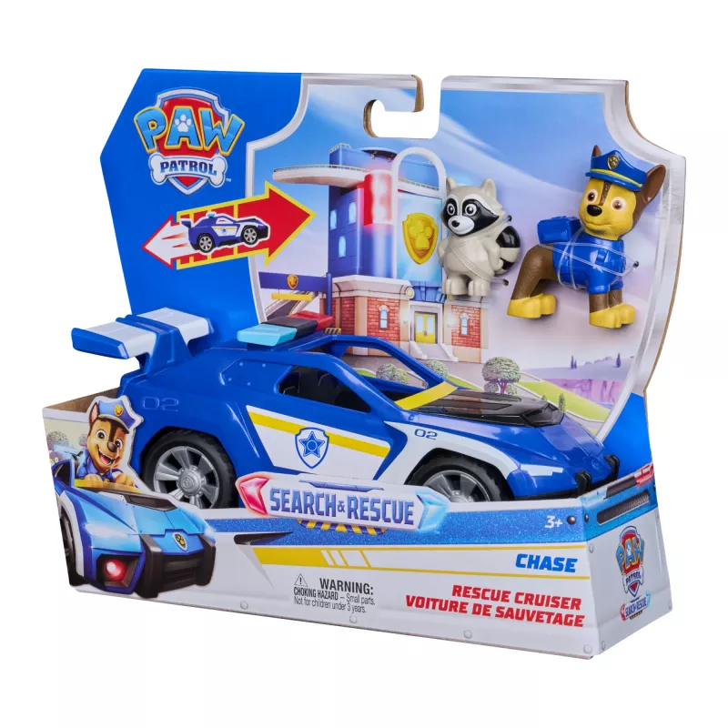 PAW Patrol : Search & Rescue, veículo Chase Rescue Cruiser com 2 figuras, carro de polícia de brincar com mecanismo de recuo, brinquedo para rapazes e raparigas a partir dos 3 anos