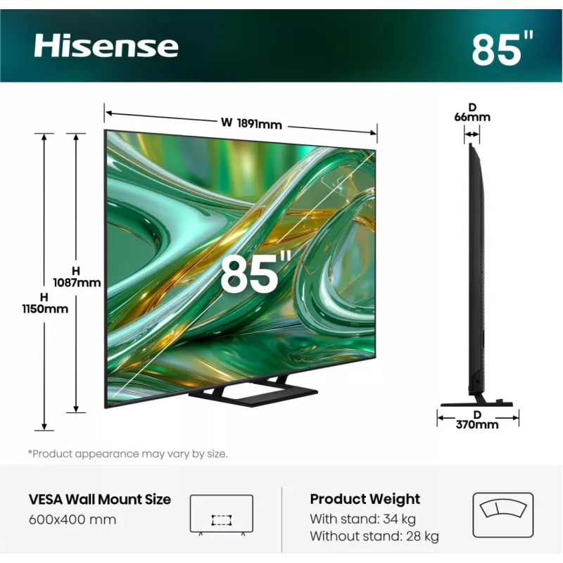 Hisense 85E8S TV Smart ULED 4K Mini LED de 85 polegadas, 3840×2160, 400 cd/m², Wi‑Fi, HomeOS (cinzento)