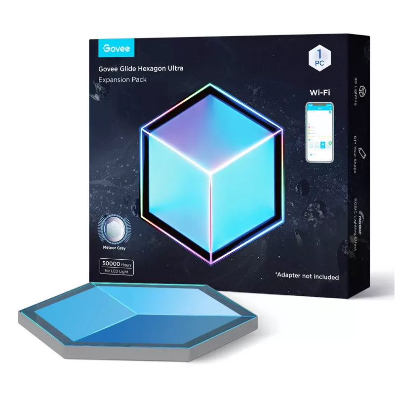 Conjunto de candeeiros de parede inteligentes Govee Glide Hexagon Light Panels Ultra pacote de extensão – Wi-Fi/Bluetooth, entrada 36 V, cinzento