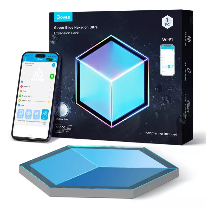 Conjunto de candeeiros de parede inteligentes Govee Glide Hexagon Light Panels Ultra pacote de extensão – Wi-Fi/Bluetooth, entrada 36 V, cinzento