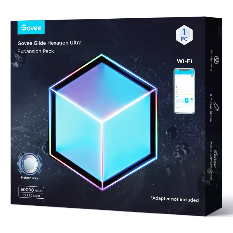 Conjunto de candeeiros de parede inteligentes Govee Glide Hexagon Light Panels Ultra pacote de extensão – Wi-Fi/Bluetooth, entrada 36 V, cinzento