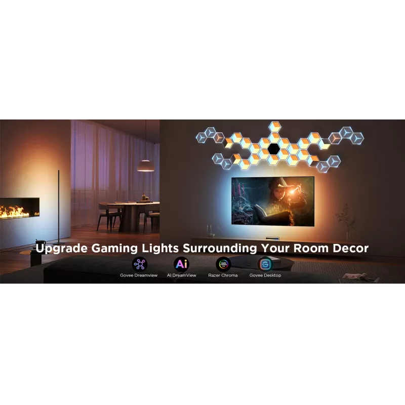 Conjunto de candeeiros de parede inteligentes Govee Glide Hexagon Light Panels Ultra pacote de extensão – Wi-Fi/Bluetooth, entrada 36 V, cinzento