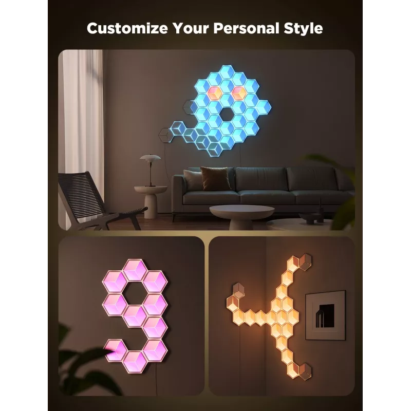 Conjunto de candeeiros de parede inteligentes Govee Glide Hexagon Light Panels Ultra pacote de extensão – Wi-Fi/Bluetooth, entrada 36 V, cinzento