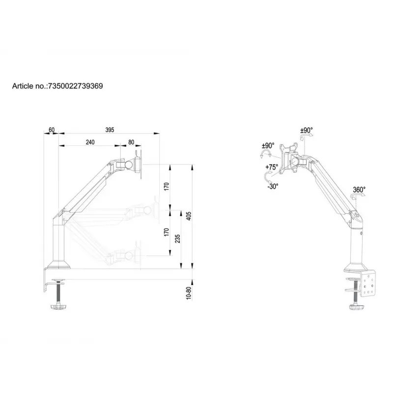 Multibrackets M VESA Gas Lift Arm Suporte de secretária ou parede Básico Preto Grampo/Montagem por parafusos 10 kg