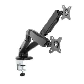 Manhattan Suporte de secretária duplo para TV e monitores (braço articulado com mola a gás), para ecrãs de 10 a 27 polegadas, fixação em C ou passagem pela secretária, compatibilidade VESA: 75x75 e 100x100 mm – verifique as dimensões dos quatro orifícios de fixação na parte traseira do ecrã para garantir que encaixam, máx. 9 kg (por braço), suporte