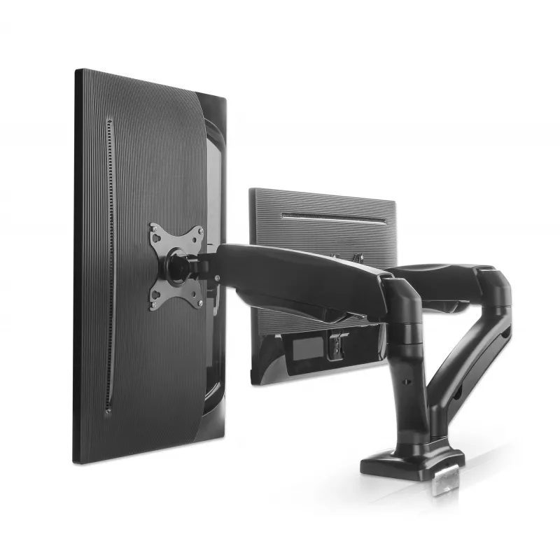 Manhattan Suporte de secretária duplo para TV e monitores (braço articulado com mola a gás), para ecrãs de 10 a 27 polegadas, fixação em C ou passagem pela secretária, compatibilidade VESA: 75x75 e 100x100 mm – verifique as dimensões dos quatro orifícios de fixação na parte traseira do ecrã para garantir que encaixam, máx. 9 kg (por braço), suporte