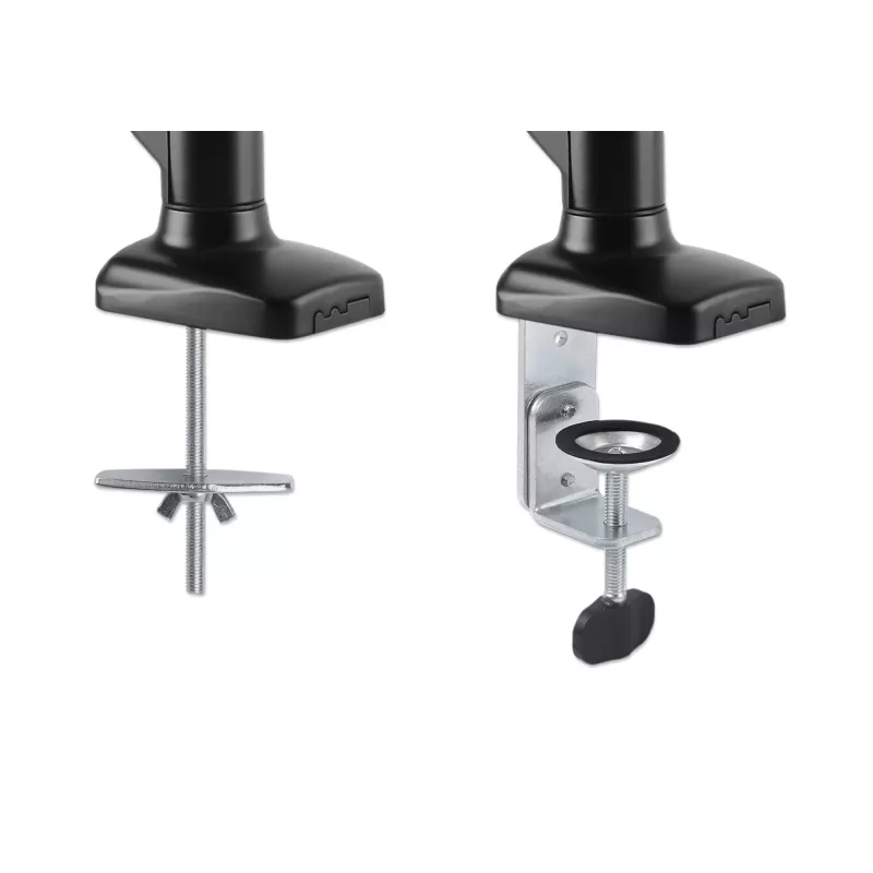 Manhattan Suporte de secretária duplo para TV e monitores (braço articulado com mola a gás), para ecrãs de 10 a 27 polegadas, fixação em C ou passagem pela secretária, compatibilidade VESA: 75x75 e 100x100 mm – verifique as dimensões dos quatro orifícios de fixação na parte traseira do ecrã para garantir que encaixam, máx. 9 kg (por braço), suporte