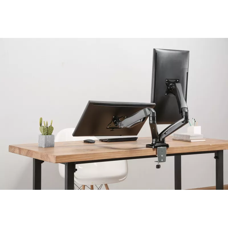 Manhattan Suporte de secretária duplo para TV e monitores (braço articulado com mola a gás), para ecrãs de 10 a 27 polegadas, fixação em C ou passagem pela secretária, compatibilidade VESA: 75x75 e 100x100 mm – verifique as dimensões dos quatro orifícios de fixação na parte traseira do ecrã para garantir que encaixam, máx. 9 kg (por braço), suporte