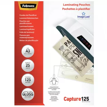 Plásticos de encadernação Fellowes ImageLast A3 125 Micron - pack de 25, brilhante, transparente, A3, 0,125 mm, 436 mm, 310 mm
