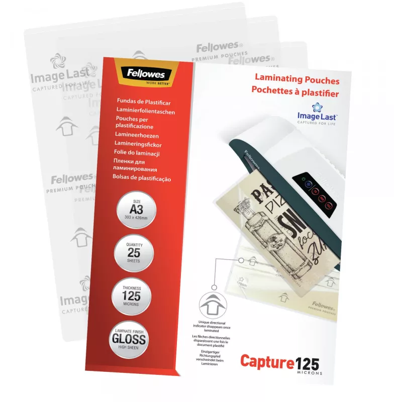 Plásticos de encadernação Fellowes ImageLast A3 125 Micron - pack de 25, brilhante, transparente, A3, 0,125 mm, 436 mm, 310 mm