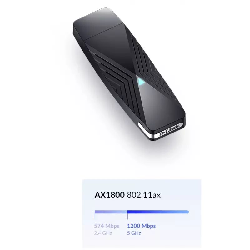 D-Link AX1800 Adaptador Wi-Fi USB, Wireless, USB, WLAN, Wi-Fi 6 (802.11ax), 1800 Mbit/s, Preto